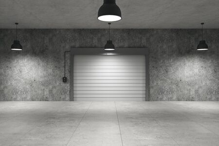 Empty warehouse interior with concrete flooring, lamps on ceiling and rolling gates, 3D Rendering