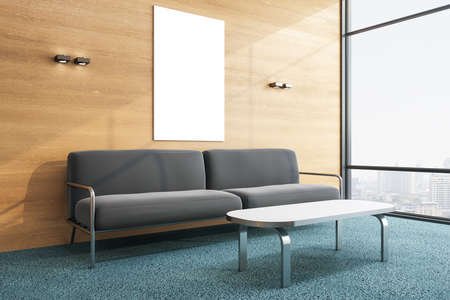 Minimalistic waiting room with sofa and blank poster on wooden wall. Presentation concept. 3D...