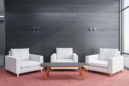 Luxury waiting room with three chairs and city view. Workplace and lifestyle concept. 3D Rendering