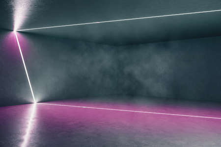 Modern color futuristic gallery interior with light lines. Art and design concept. 3D Rendering