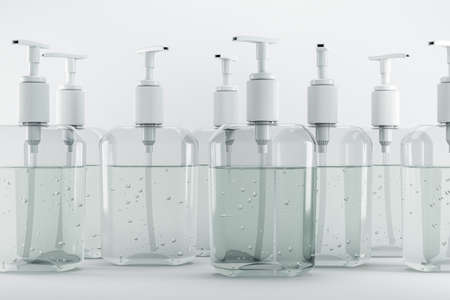 Many bottles of antimicrobial liquid gel. Coronavirus prevention and antibacterial hygiene concept.