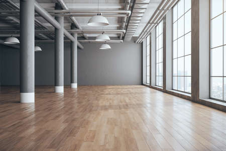 Minimalistic concrete interior with columns, wooden floor and megapolis city view. Workplace and lifestyle concept. 3D Renderingの写真素材