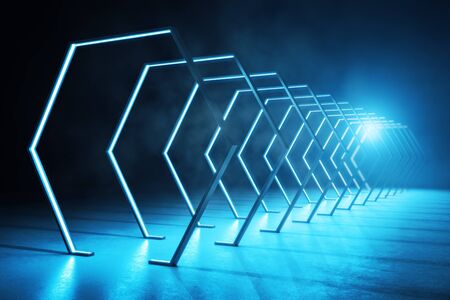 Futuristic interior with abstract luminous hexagon corridor. Innovation and modern concept. 3D Renderingの写真素材