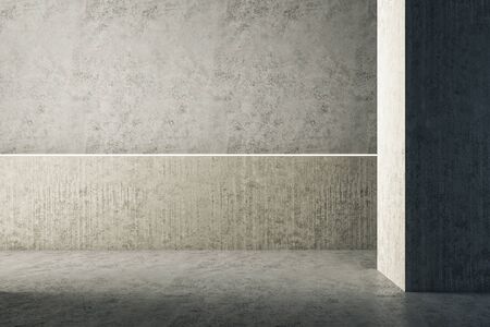 Modern concrete interior and copy space on gray wall. Design and style concept. Mock up. 3D...