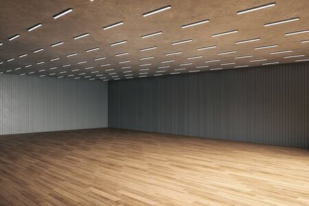 Concrete interior with lamps on ceiling and wooden floor. Design and style concept. Mock up. 3D Renderingの写真素材