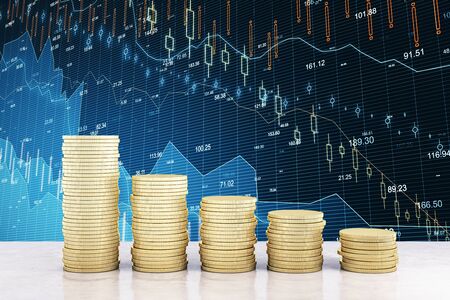 Gold coin piles with crisis stock charts on screen. Trade and finance depression concept. 3D Renderingの写真素材