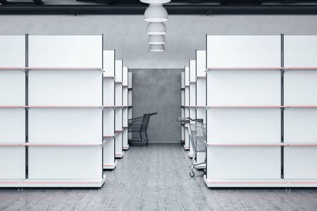 Empty retail shelves and shopping trolley cart. Business and retail concept. 3D Rendering