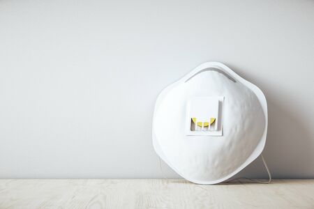 White medical protective mask in bright interior. Coronavirus  protection concept. 3D Renderingの写真素材
