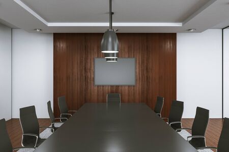 Contemporary conference room interior with blank tv screen. Workplace and corporate concept. 3D...