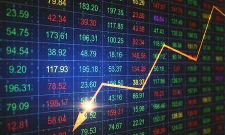 Stock crash recession chart with yellow arrow on screen. Business crisis concept. Double exposure....