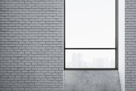 Modern interior with blank red brick wall and city view. Gallery and presentation concept. Mock up, 3D Renderingの写真素材