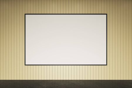 Minimalistic interior with blank banner on yellow decorative wall and concrete floor. Art and design concept. Mock up, 3D Renderingの写真素材