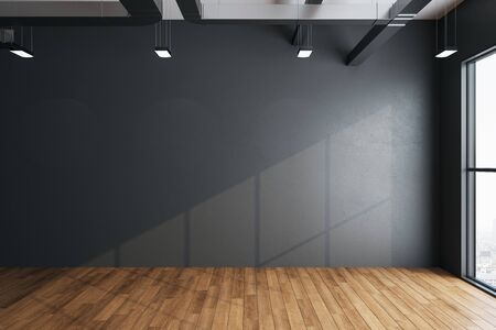 Minimalistic hall interior with empty gray wall, city view and daylight. Gallery and presentation...