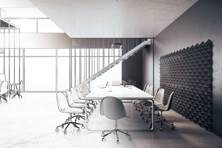 Drawing modern conference interior with stairs, laptop and equipment on table and city view.  Workplace and lifestyle concept. 3D Renderingの写真素材