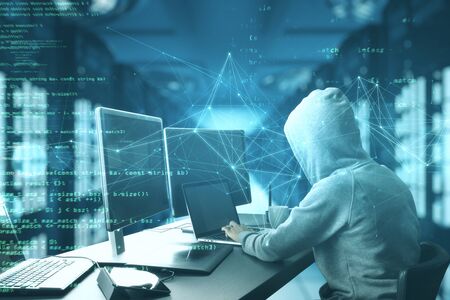 Programmer using computer with html code. Safety and programming concept. Double exposure