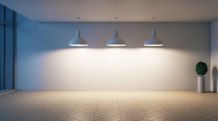 Empty office interior with three lamp on ceiling and copy space wall. Presentation concept. 3D...