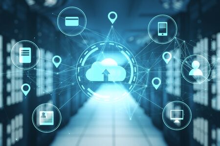 Server room with networking cloud diagram in data center. Network and communication concept. 3D...