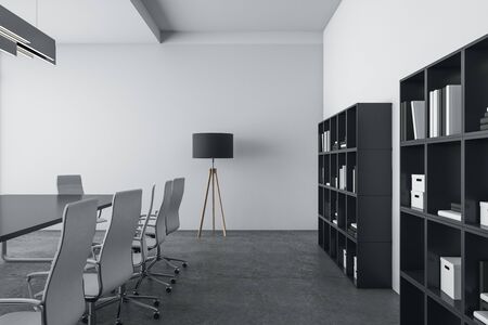 Modern conference interior with equipment on table. Workplace and corporate concept. 3D Rendering