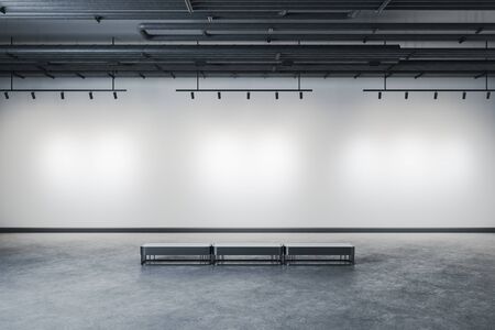 Interior with ceiling lamp, blank concrete wall and bench. Museum and exhibition concept. Mock up, 3D Renderingの写真素材