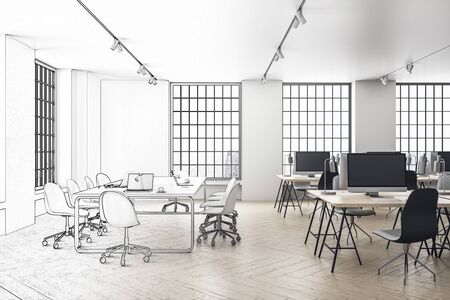 Drawing office interior hall with computers and city view.  Workplace and lifestyle concept. 3D Renderingの写真素材