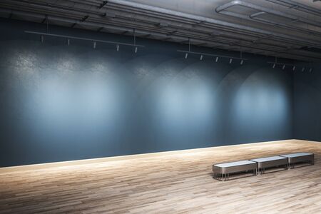 Minimalistic interior with ceiling lamp, copy space on concrete wall and bench. Gallery concept. Mock up, 3D Renderingの写真素材