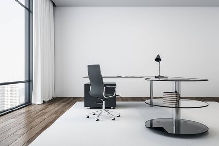 Contemporary director's office with equipment, lamp and city view. Workplace and lifestyle concept. 3D Renderingの写真素材