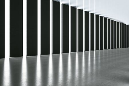 Minimalistic gallery interior with gray columns and daylight. Design and style concept. Mock up, 3D...