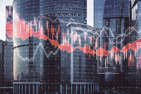 Galling stock exchange statistics hologram on blurry city background. Trade and investment concept....