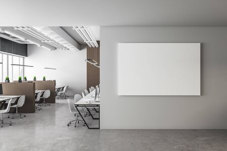 Office interior with blank banner on wall. Workplace and corporate concept. 3D Rendering