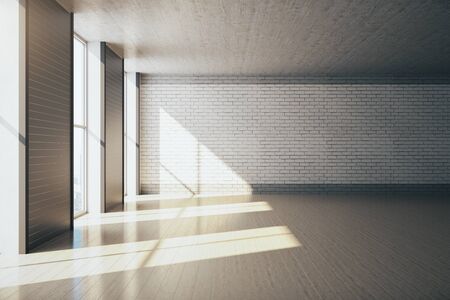 Modern gallery with city view and empty brick wall. Museum concept. Mock up, 3D Renderingの写真素材