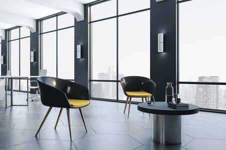 Waiting room with two chairs, table, concrete floor and city view. Workplace and lifestyle concept....