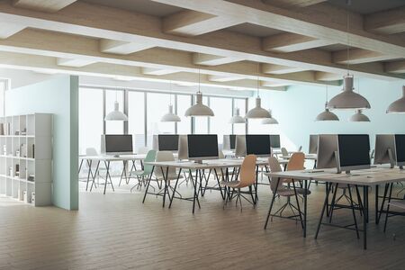 Coworking office interior with panoramic city view, furniture and equipment. Workplace and lifestyle...