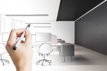 Hand drawing office interior with computers, furniture and sofa. Workplace and company concept.の写真素材