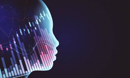 Side view of glowing head outline with forex chart on black background. AI and stats concept. 3D...
