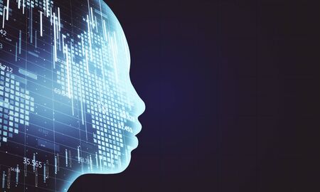 Glowing woman head with stock charts on virtual screen. Finance and trade concept. Mock up, 3D...
