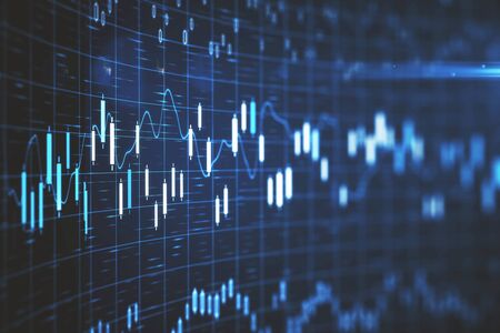 Stock chart on virtual screen interface with index. Trade and finance concept. Double exposure. 3D...