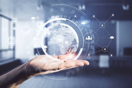 Hand holding global network interface and networking cloud icons. Server and technology concept