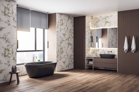 Luxury marble bathroom interior with black bath and city view. Style and hygiene concept. 3D Renderingの写真素材