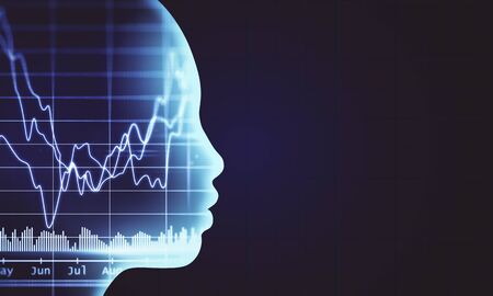 Glowing woman head with stock analytics and business report on virtual screen. Finance and trade...