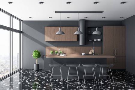 Modern wooden kitchen studio interor with green plant and city view. Design and style concept. 3D...