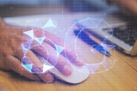 New generation network concept with 5G sign and man using laptop and smartphone. Double exposure.