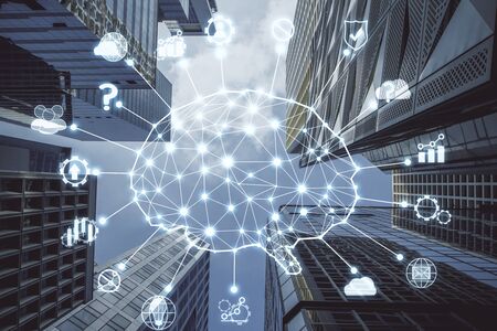 Bottom view city with AI brain hologram and skyscraper. Artificial intelligence and futuristic...