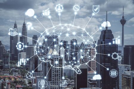 Modern night city with AI brain hologram and skyscraper. Artificial intelligence and futuristic concept. Double exposureの写真素材