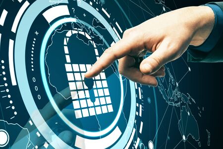 Hand using glowing digital padlock interface on dark background with icons. Safety and protection...