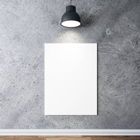 Concrete interior with lamp on ceiling and poster on concrete wall. Performance and presentation concept. 3D Renderingの写真素材