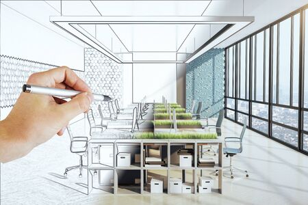 Hand drawing eco office interior with computers and green grass on table. Workplace and healthy lifestyle concept.の写真素材