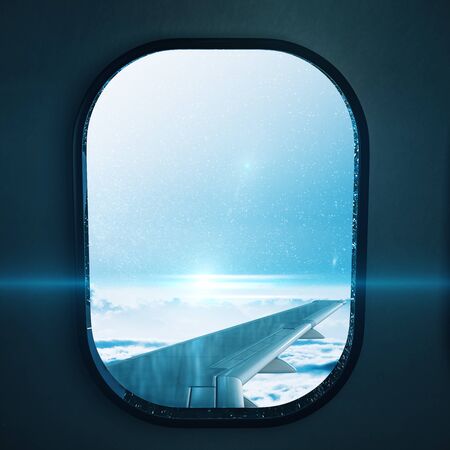 Aircraft porthole, with wing and blue sky. Flight and travel concept. 3d rendering