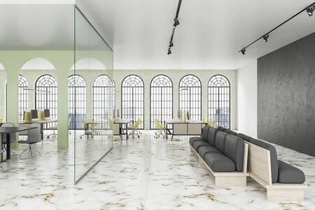 Luxury coworking office in classic interior with green arch and bright city view. Workplace and corporate concept. 3D Renderingの写真素材