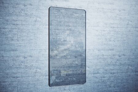 Empty glass poster on gray concrete wall with a reflection of city. Performance and presentation concept. Mock up, 3D Renderingの写真素材