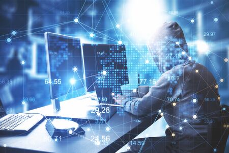 Hacker using computer with creative glowing big data interface. Hacking and cyber attack concept. Multiexposureの写真素材
